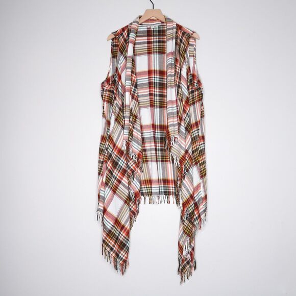 Cato Womens Shawl Cardigan 22/24W Orange Western Plaid‎ Fringe Cotton Festival - Picture 1 of 8